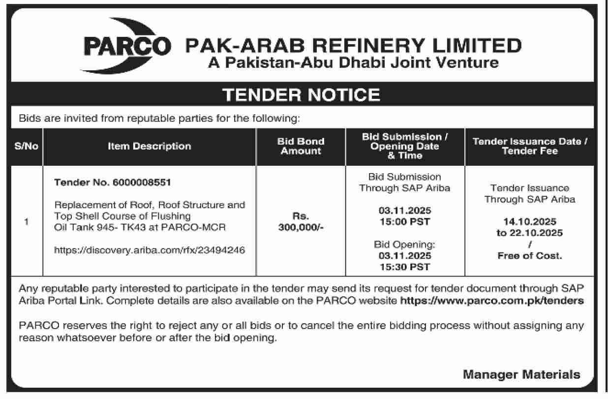 Pak Arab Refinery Limited Tender Notice